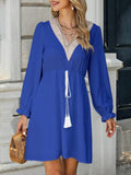 Tassel V-Neck Flounce Sleeve Dress - Trendsi