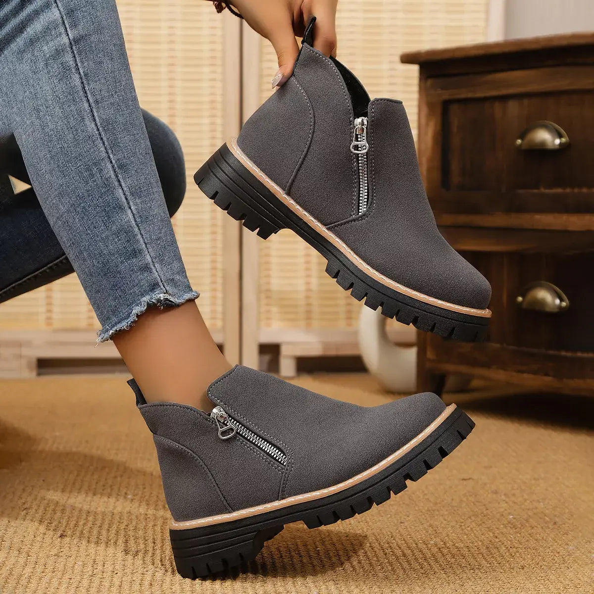 Ankle Boots with Zipper Accent - Trendsi - Flyclothing LLC