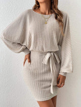 Round Neck Tie Waist Long Sleeve Mini Dress - Trendsi - Flyclothing LLC