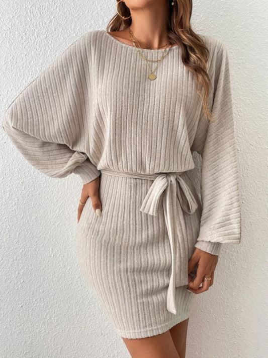 Round Neck Tie Waist Long Sleeve Mini Dress - Trendsi
