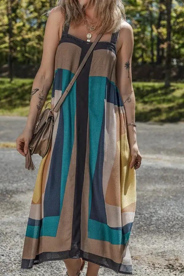 Color Block Square Neck Wide Strap Dress - Trendsi