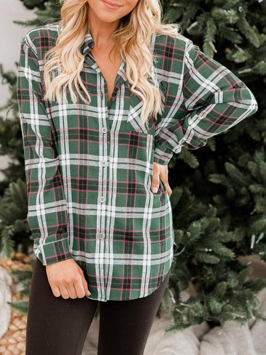 Plaid Collared Neck Long Sleeve Shirt - Trendsi