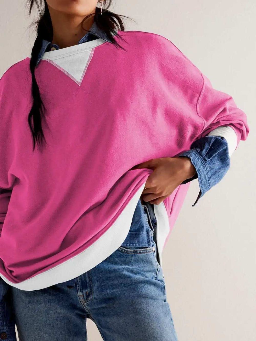 Contrast Dropped Shoulder Long Sleeve Sweatshirt - Trendsi - Flyclothing LLC