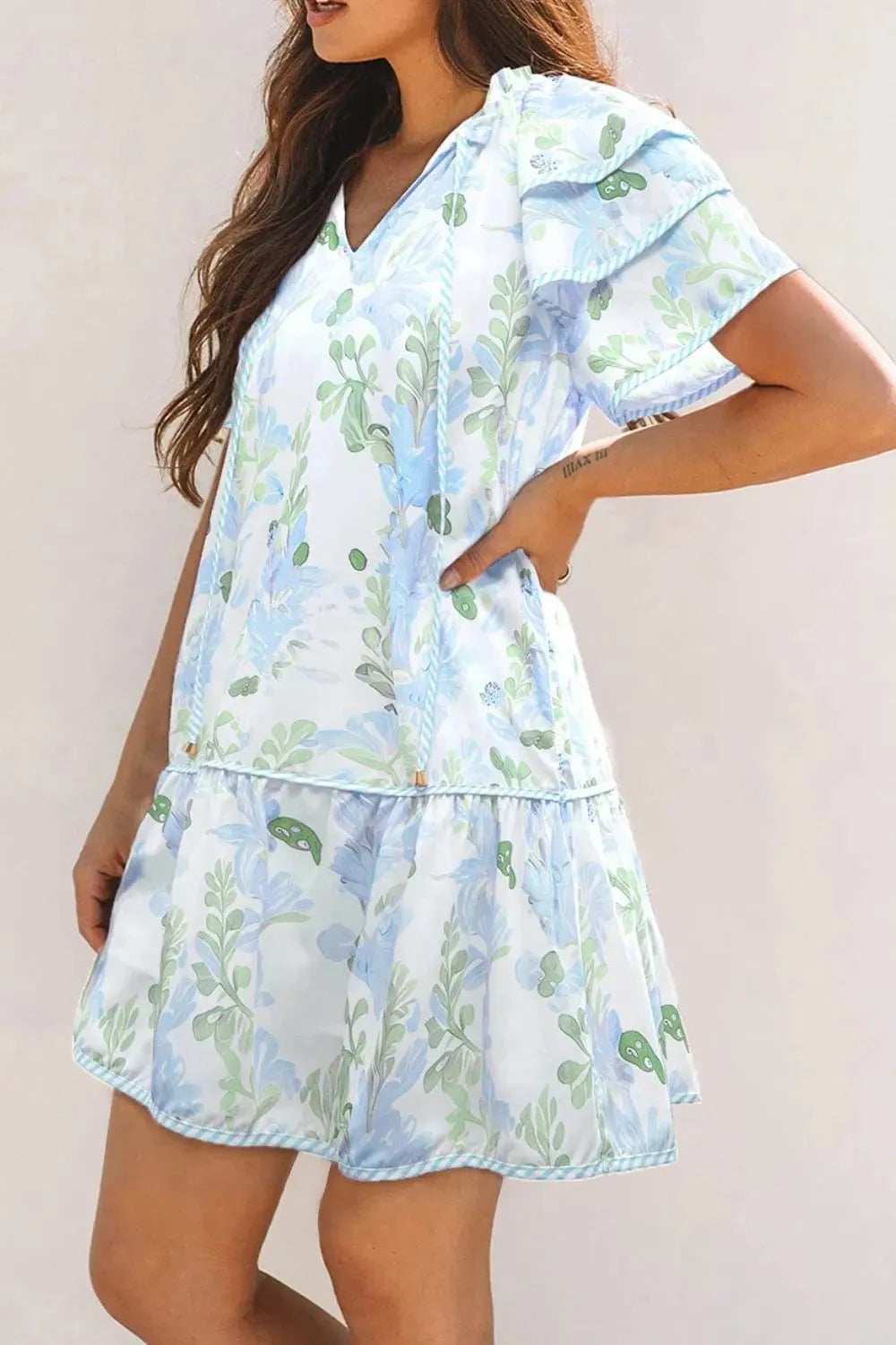 Floral Contrast Edge Layered Short Sleeve Mini Dress - Trendsi - Flyclothing LLC