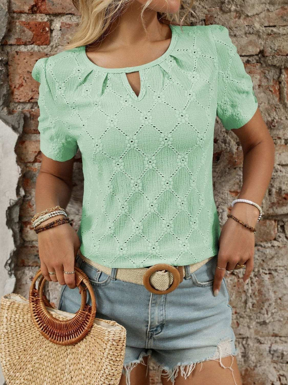 Eyelet Round Neck Short Sleeve Top - Trendsi - Flyclothing LLC
