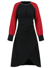 Ruched Contrast Long Sleeve Midi Dress - Trendsi