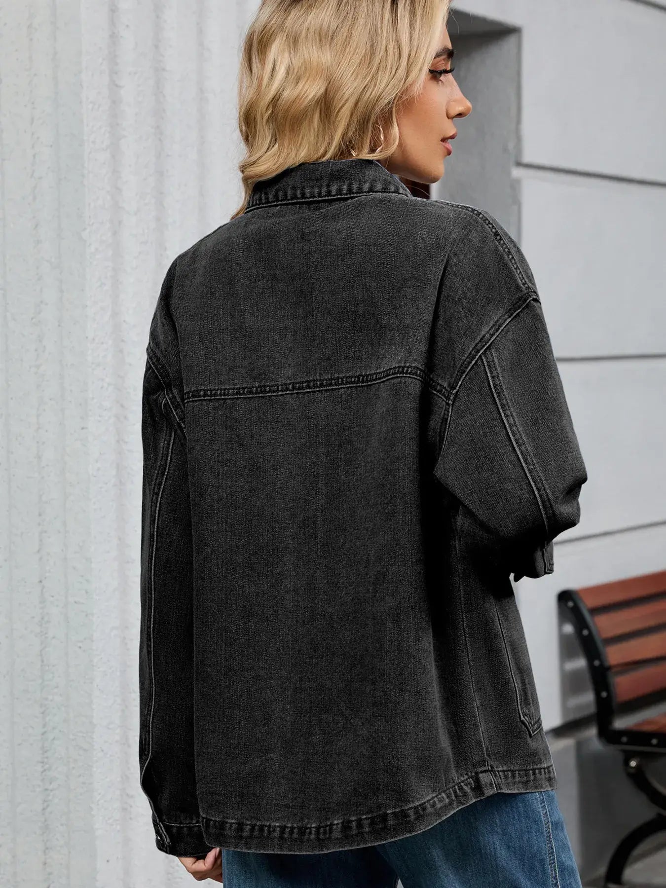 Washed Oversized Button Down Denim Jacket - Trendsi - Flyclothing LLC