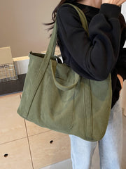 Corduroy Solid Large Tote Bag - Trendsi