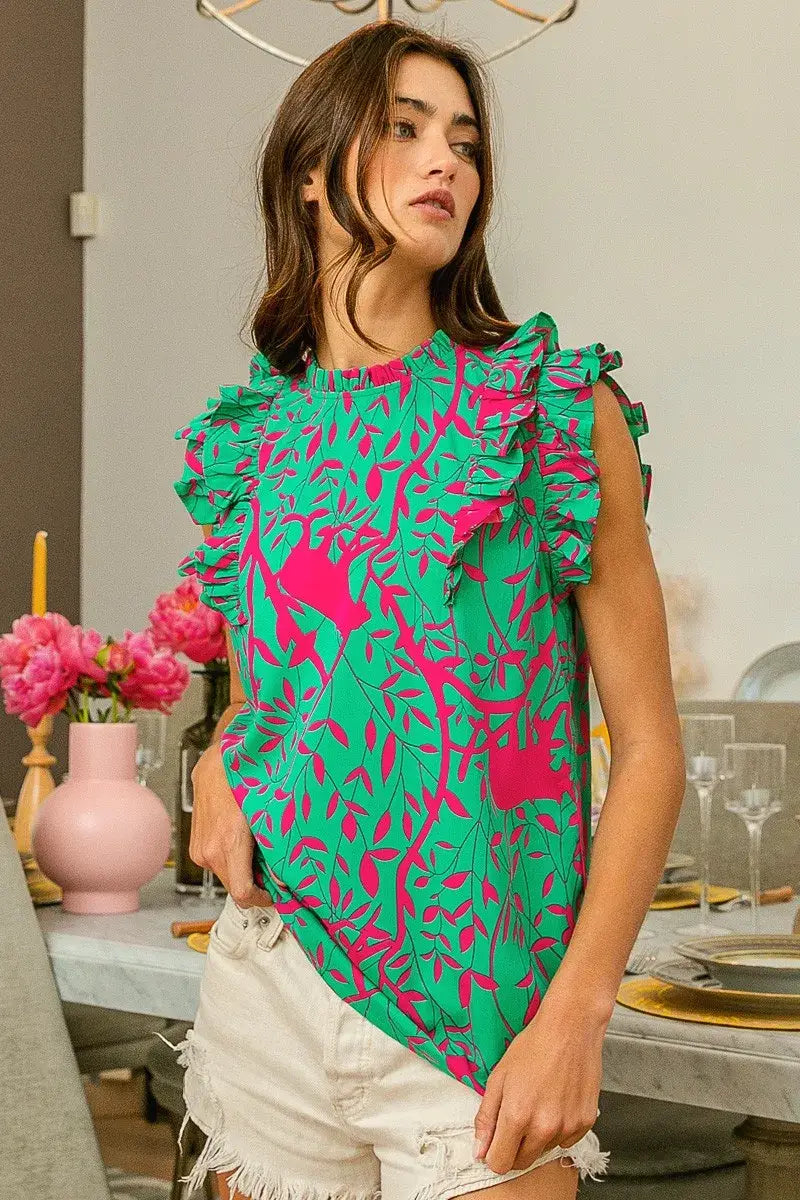 BiBi Leopard Leaves Print Woven Top - Trendsi - Flyclothing LLC