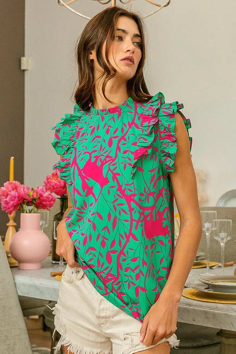 BiBi Leopard Leaves Print Woven Top - Trendsi - Flyclothing LLC