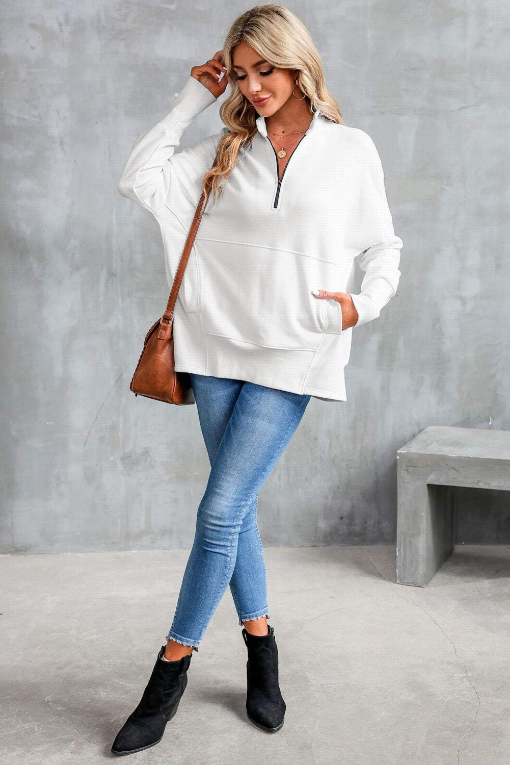 Half Zip Pocketed Dropped Shoulder Sweatshirt - Trendsi - Flyclothing LLC