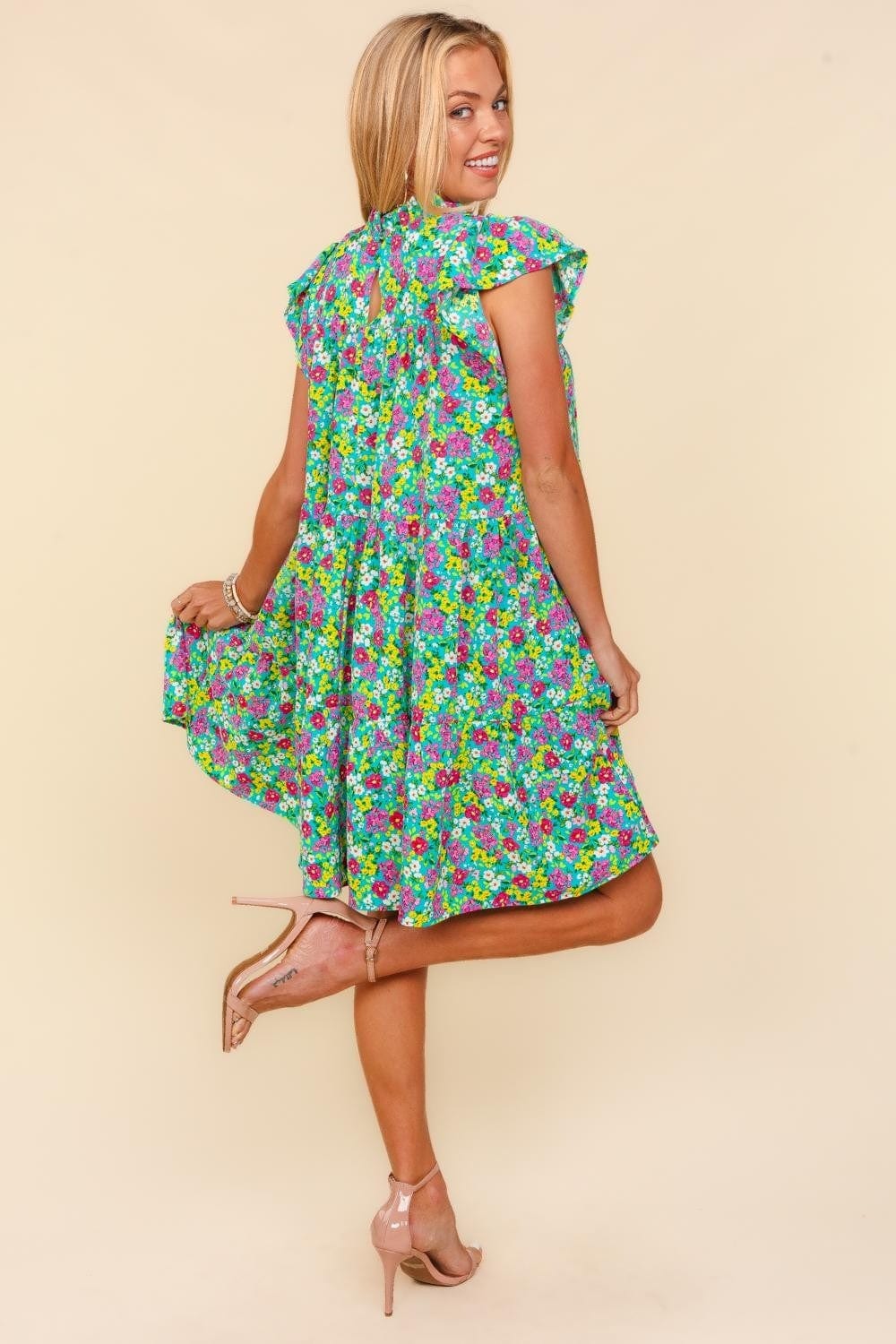 Haptics Frilled Mock Neck Ditsy Floral Dress - Trendsi