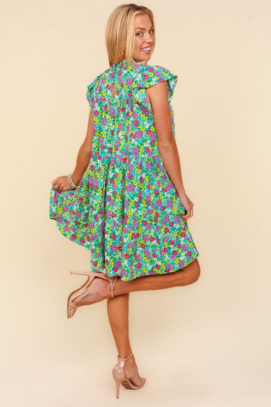 Haptics Frilled Mock Neck Ditsy Floral Dress - Trendsi