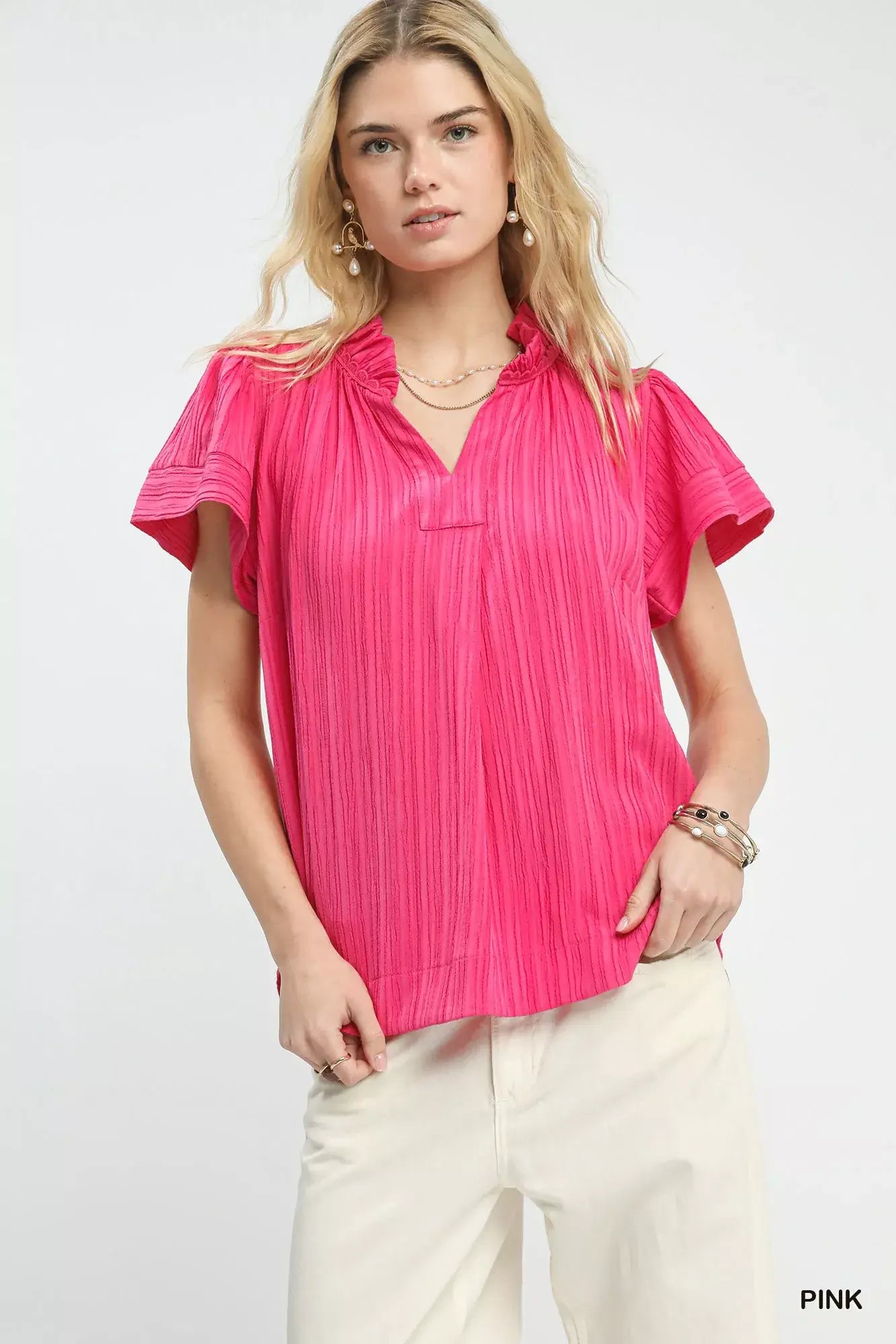 Umgee Texture Flutter Sleeve Notched Blouse - Trendsi - Flyclothing LLC