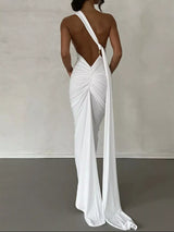 Backless One-Shoulder Ruched Bodycon Maxi Dress - Trendsi - Flyclothing LLC