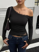 One-Shoulder Lace Trim Slim Fit T-Shirt - Trendsi - Flyclothing LLC