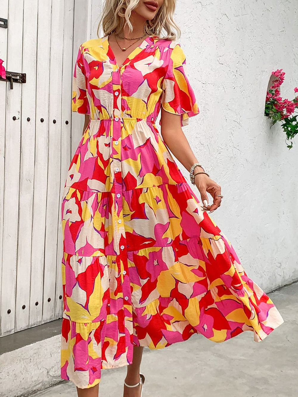 Printed V-Neck Flutter Sleeve Midi Dress - Trendsi