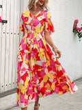 Printed V-Neck Flutter Sleeve Midi Dress - Trendsi
