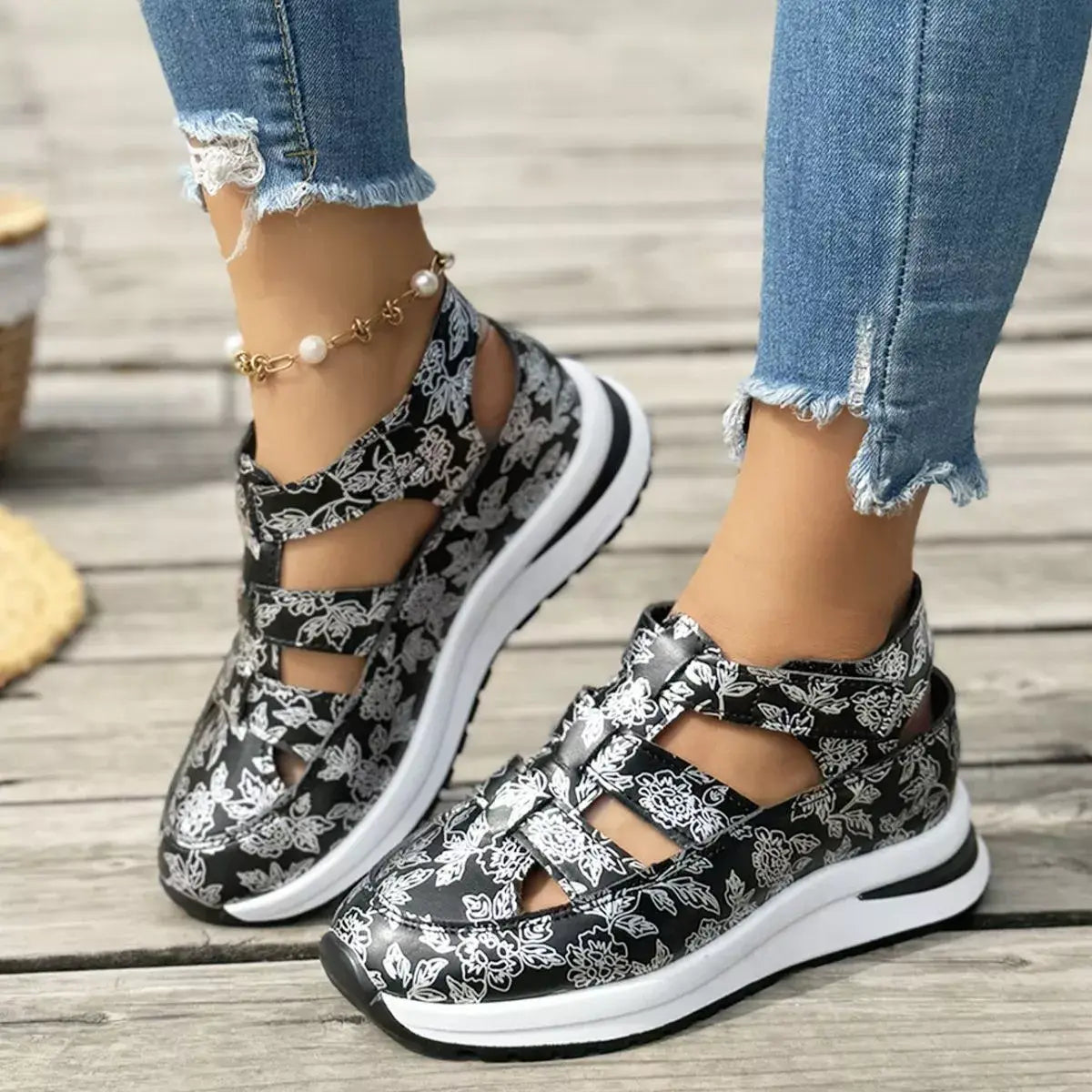 Cutout Velcro Sandals - Trendsi - Flyclothing LLC