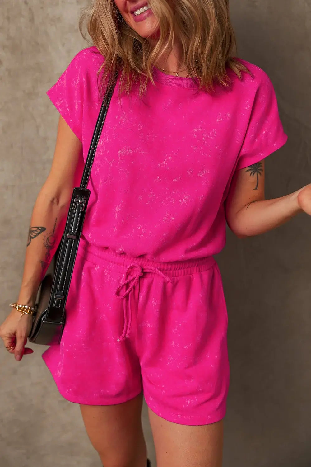 Mineral Wash Hollow Out Back Drawstring Waist Romper - Trendsi - Flyclothing LLC