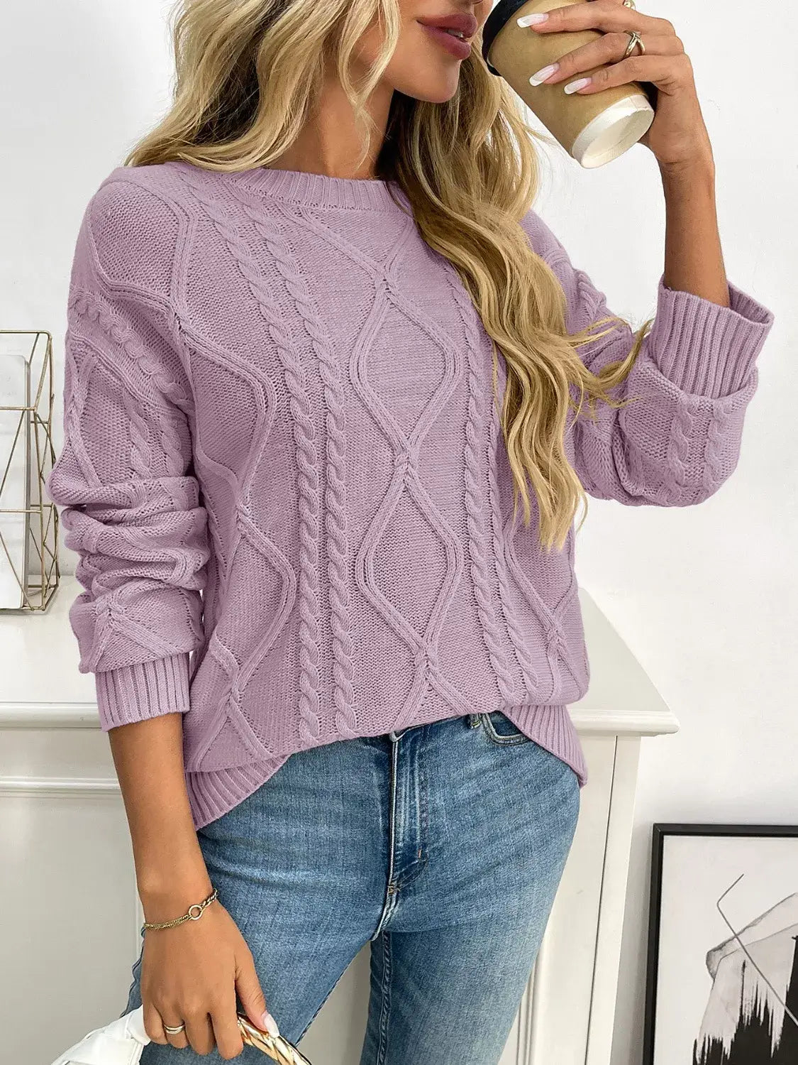 Cable Knit Round Neck Sweater - Trendsi - Flyclothing LLC