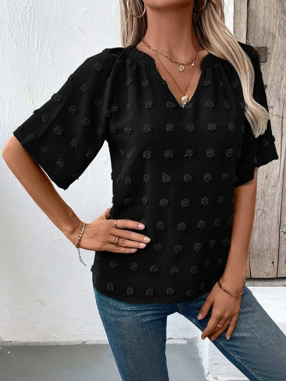 Swiss Dot Notched Half Sleeve Blouse - Trendsi - Flyclothing LLC