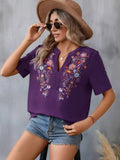 Embroidered Notched Short Sleeve T-Shirt - Trendsi - Flyclothing LLC