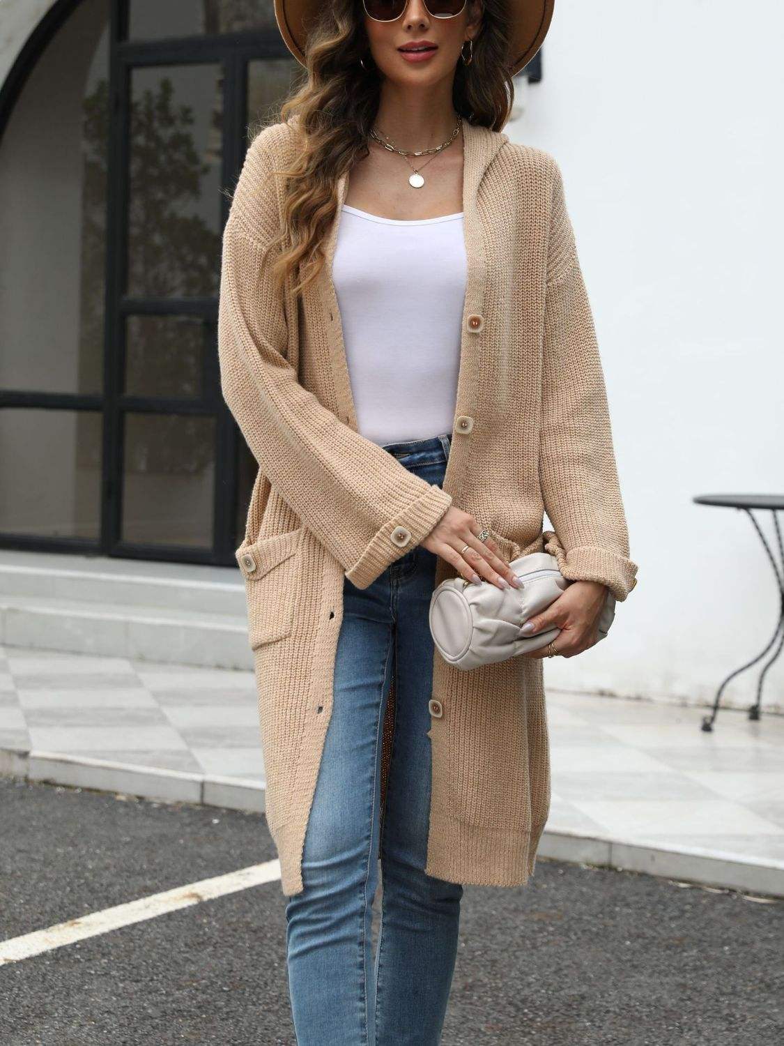 Pocketed Button Up Long Sleeve Hooded Cardigan - Trendsi - Flyclothing LLC