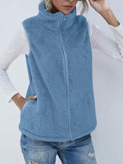 Full Size Fuzzy Zip Up Vest Coat with Pockets - Trendsi