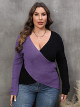 Plus Size Two-Tone Surplice Neck Sweater - Trendsi - Flyclothing LLC