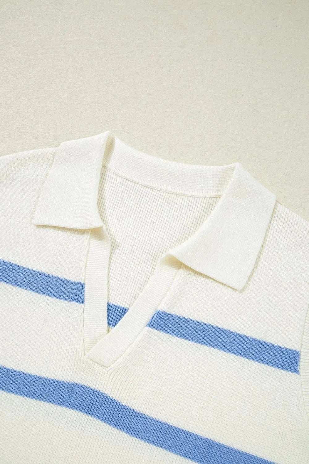 Stripe Split V Neck Collared Ribbed Sweater Vest - Trendsi - Flyclothing LLC
