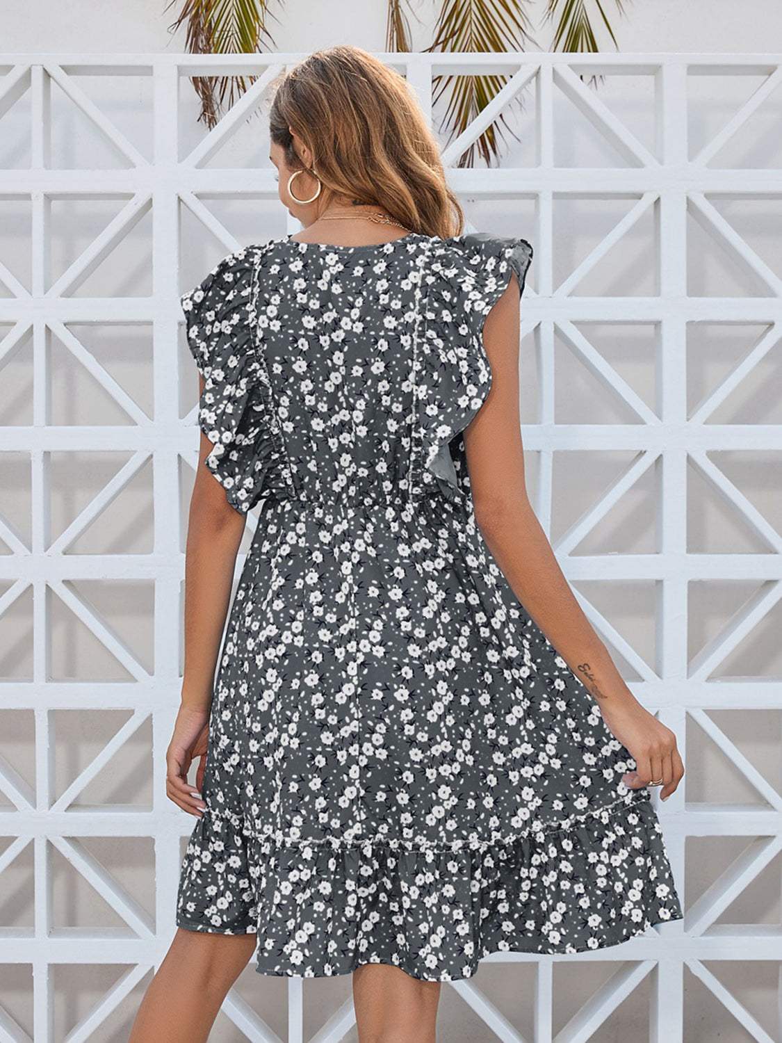 Ruffled Ditsy Floral Surplice Mini Dress - Trendsi - Flyclothing LLC