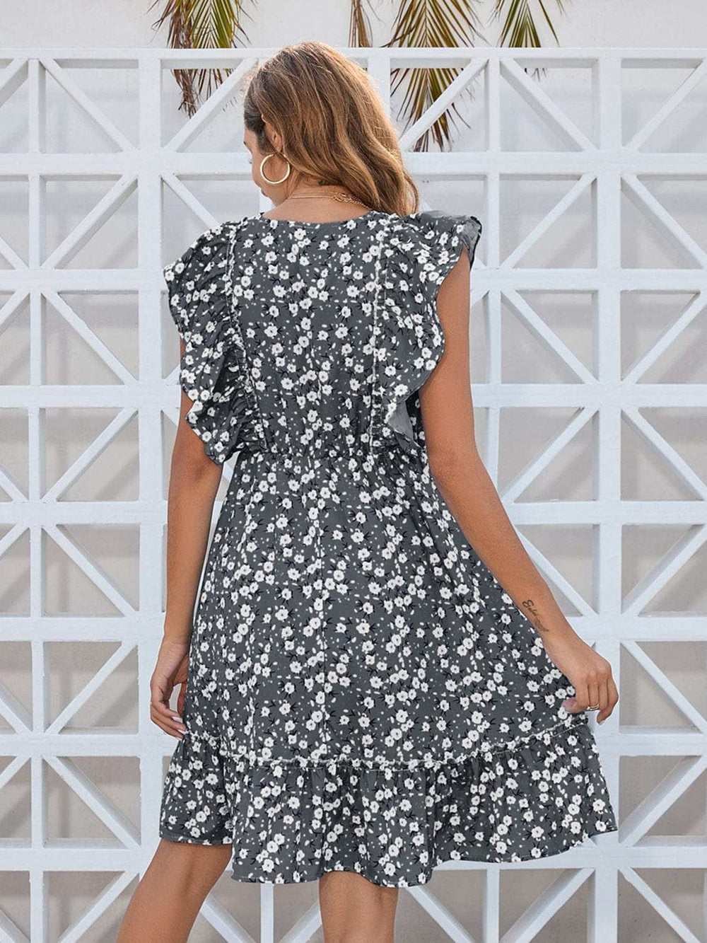 Ruffled Ditsy Floral Surplice Mini Dress - Trendsi - Flyclothing LLC