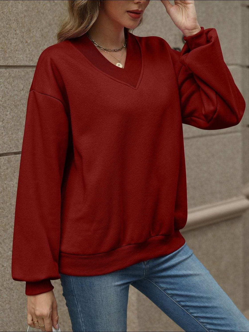 V-Neck Long Sleeve Dropped Shoulder Sweatshirt - Trendsi - Flyclothing LLC
