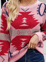 Geometric Round Neck Long Sleeve Sweater - Trendsi - Flyclothing LLC