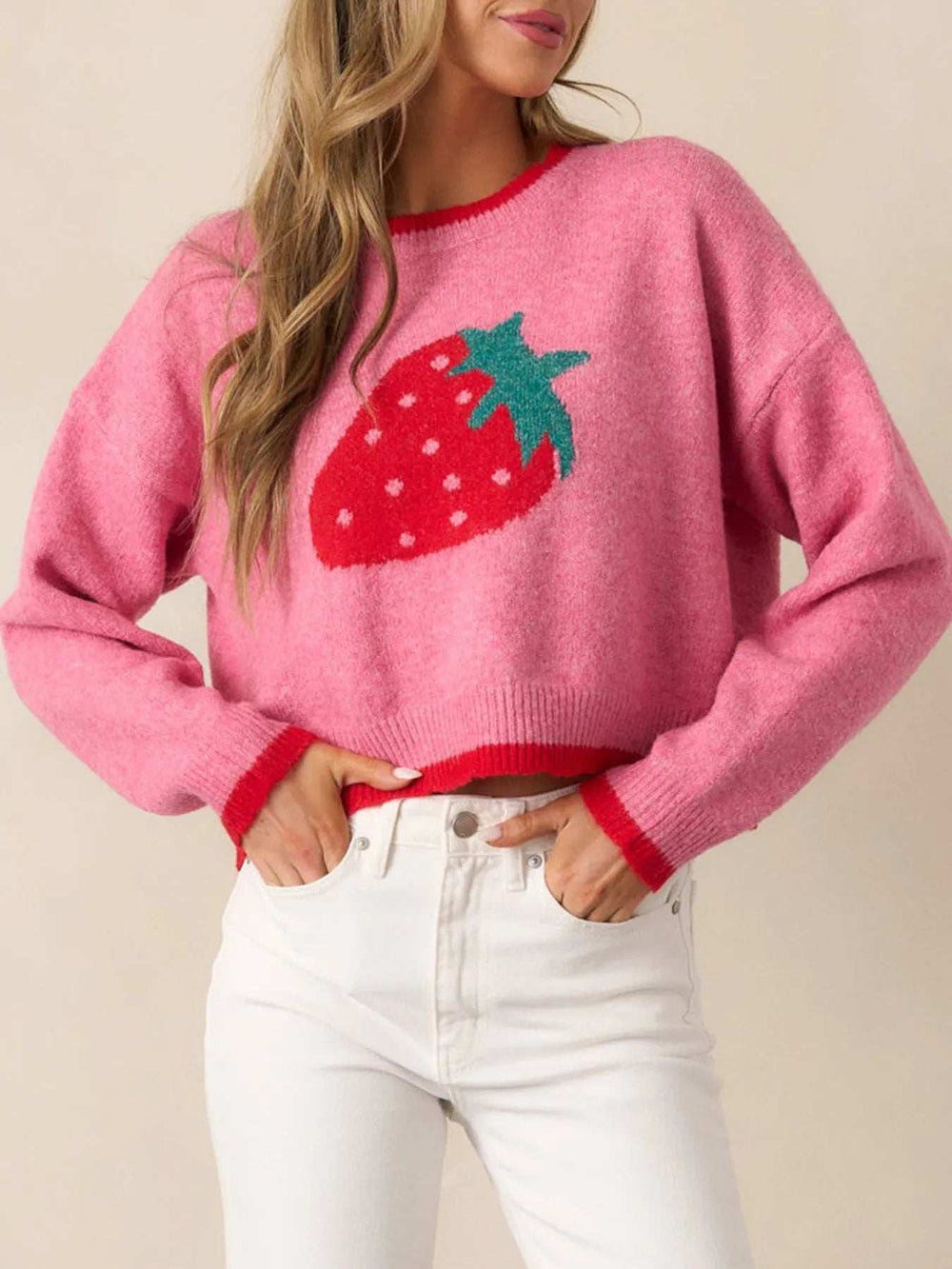 Strawberry Round Neck Long Sleeve Sweater - Trendsi - Flyclothing LLC