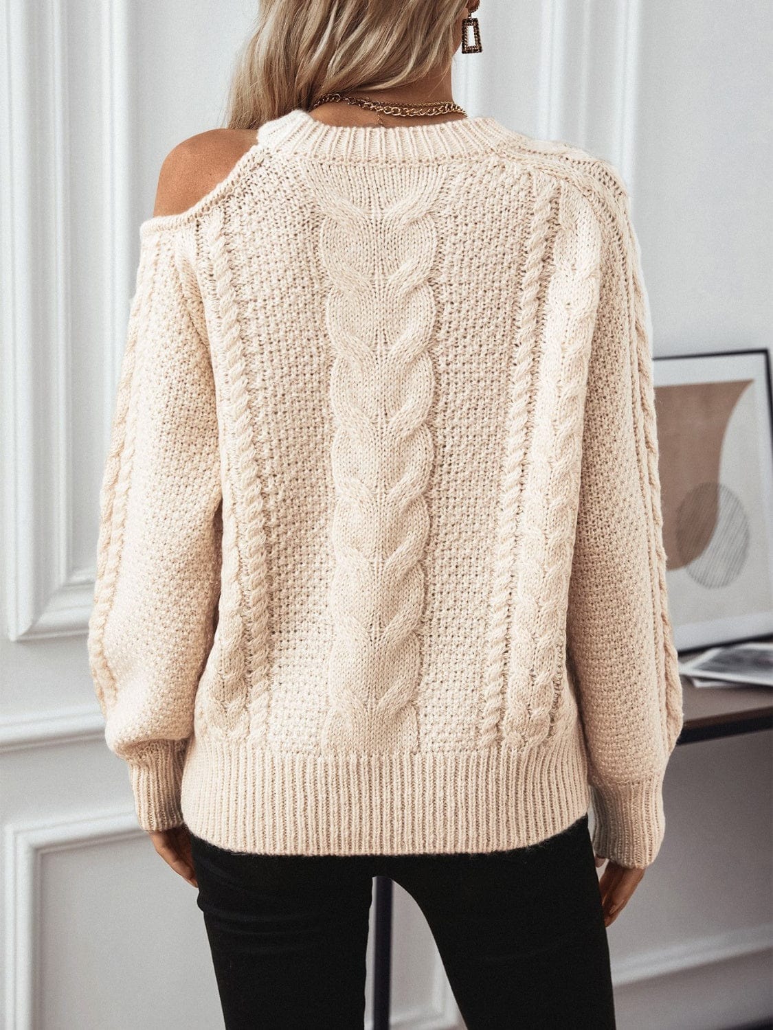 Cable Knit Round Neck Cold Shoulder Sweater - Trendsi