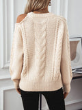 Cable Knit Round Neck Cold Shoulder Sweater - Trendsi