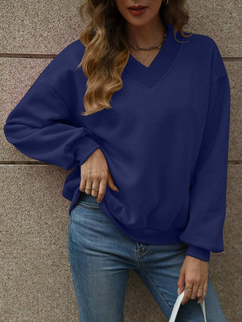 V-Neck Long Sleeve Dropped Shoulder Sweatshirt - Trendsi - Flyclothing LLC