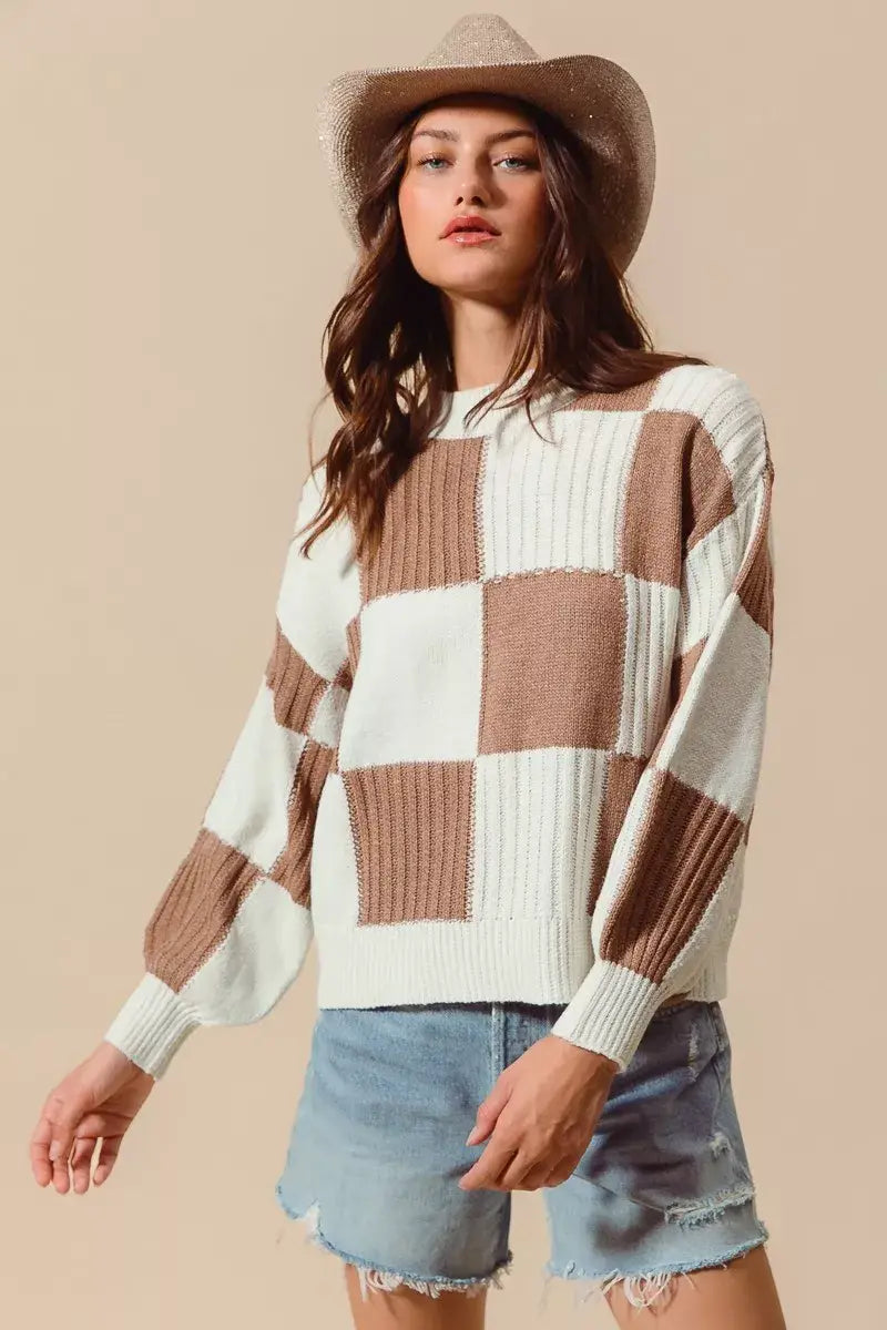 SO ME Ribbed Color Block Checkered Plaid Sweater - Trendsi - Flyclothing LLC