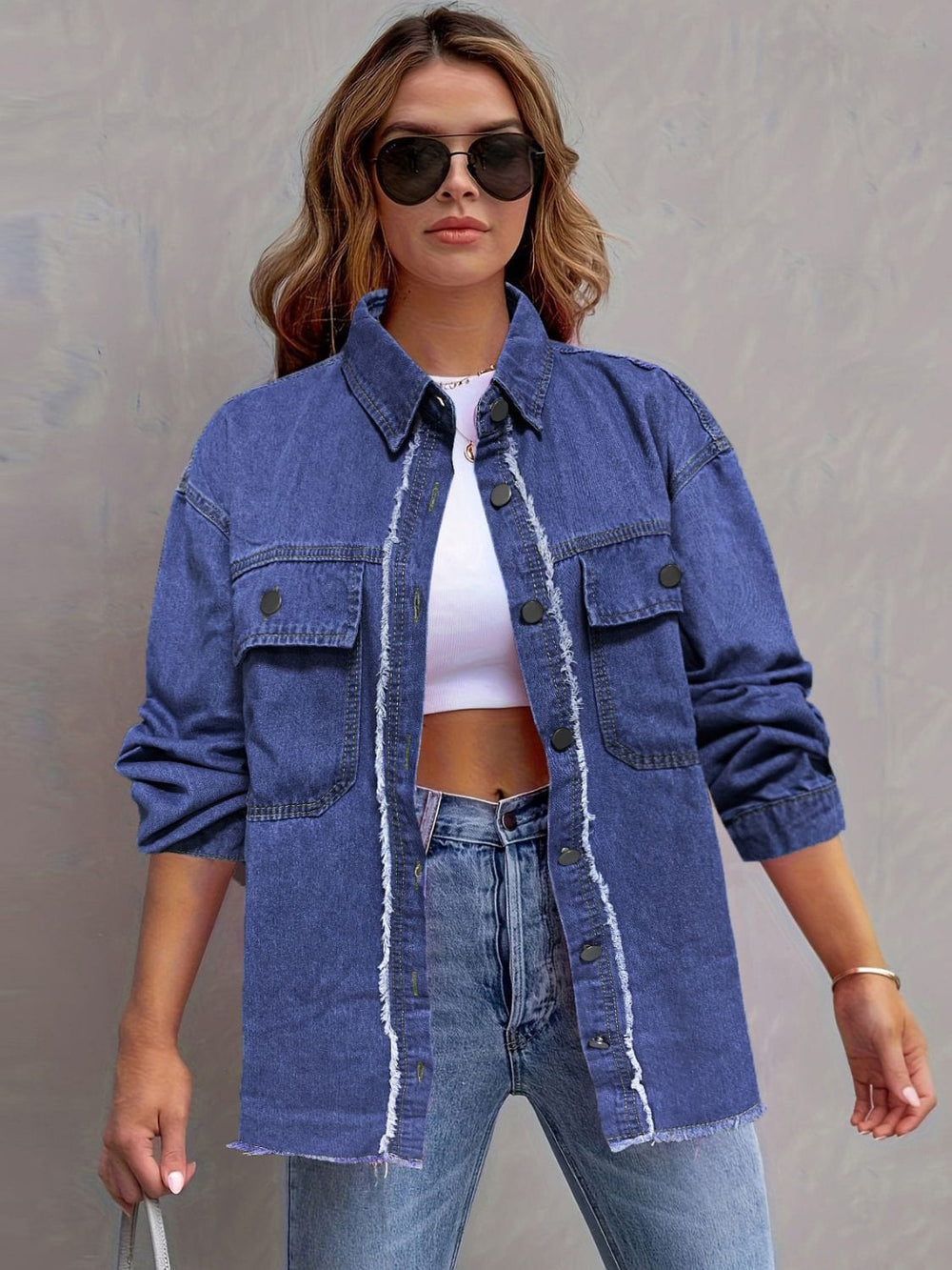 Pocketed Collared Neck Long Sleeve Denim Shirt - Trendsi
