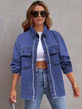 Pocketed Collared Neck Long Sleeve Denim Shirt - Trendsi
