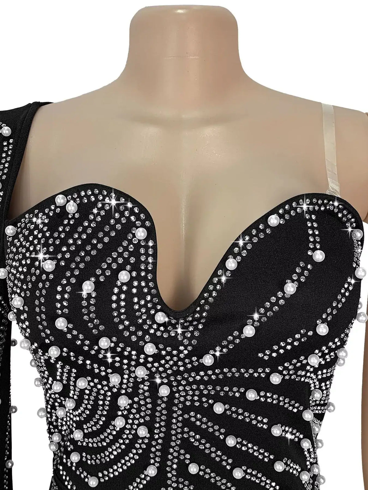 Rhinestone Pearl Detail One-Shoulder Mermaid Maxi Dress - Trendsi - Flyclothing LLC