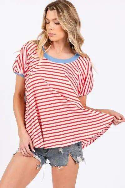 Ces Femme Striped Round Neck Short Sleeve T-Shirt - Trendsi - Flyclothing LLC