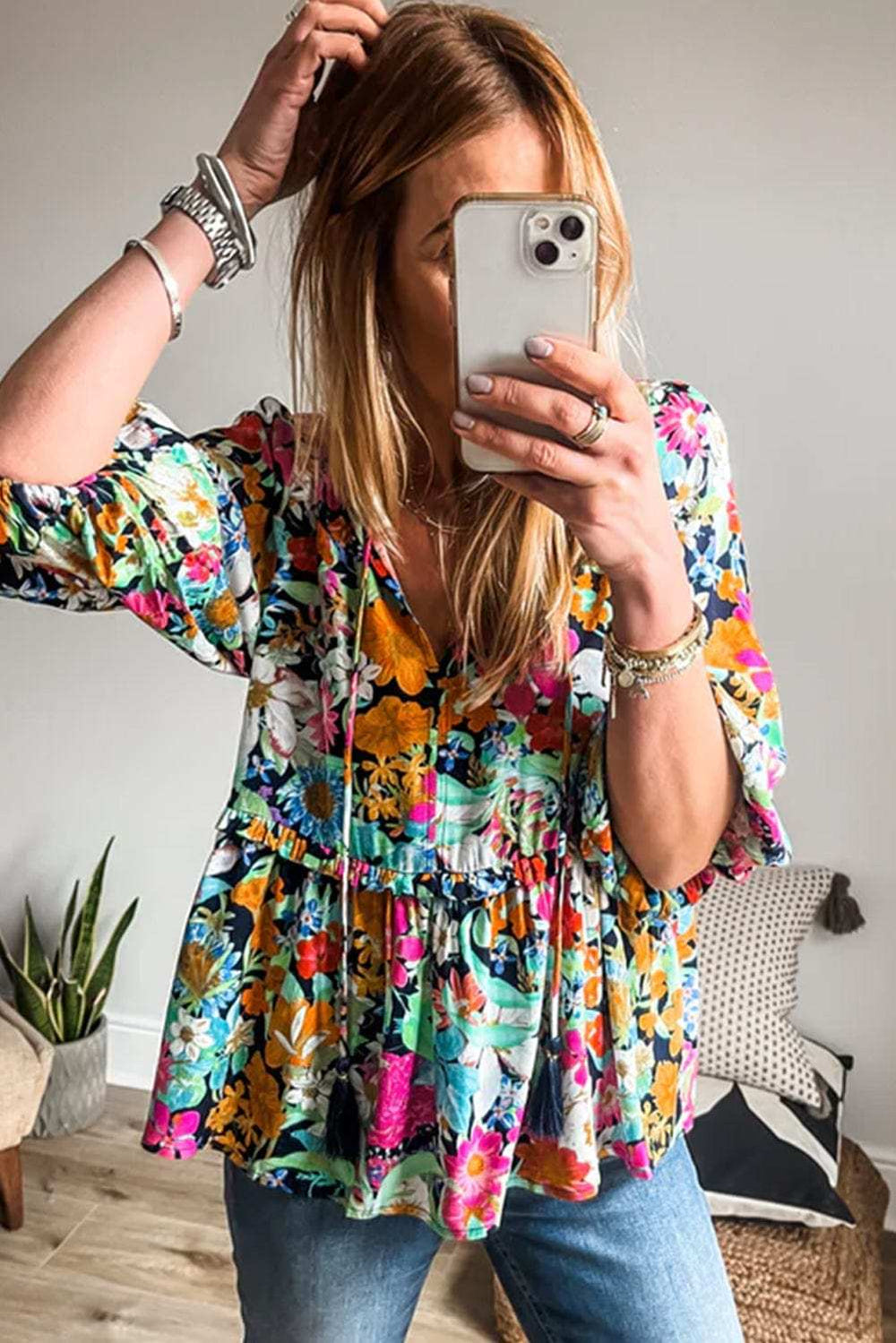 Floral Tie Neck Balloon Sleeve Blouse - Trendsi - Flyclothing LLC