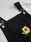 Embroidered Sunflower Wide Strap Overalls with Pockets - Trendsi