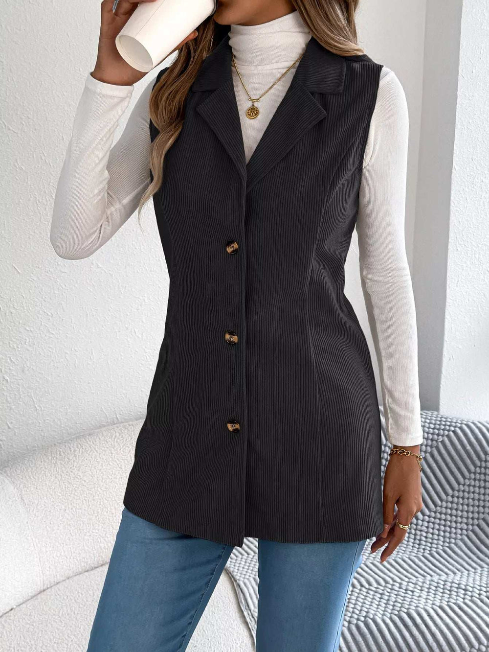 Button-Front Longline Vest Coat - Trendsi - Flyclothing LLC