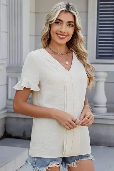 V-Neck Short Sleeve Blouse - Trendsi - Flyclothing LLC