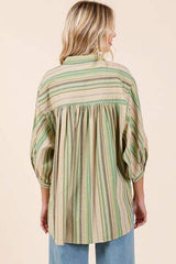 Mittoshop Striped Bubble Sleeve Button Down Shirt - Trendsi - Flyclothing LLC