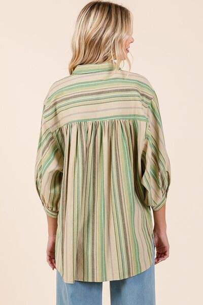 Mittoshop Striped Bubble Sleeve Button Down Shirt - Trendsi - Flyclothing LLC